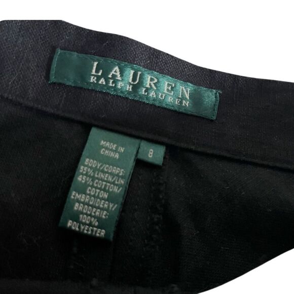 LAUREN RALPH LAUREN Black Midi Skirt Linen Blend Full Skirt Eyelet Womens Size 8 - Picture 7 of 9